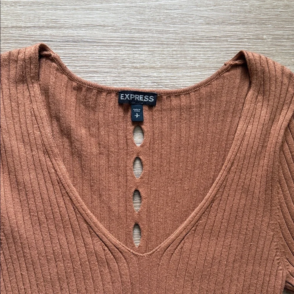 Express Rust Ribbed V-Neck Sweater - Picture 6 of 6